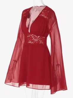 Lace Patchwork Mini Dress For Women - Deep V Neck Flare Sleeve Empire Waist Short Sundress - Spring Beach Date Night 2026