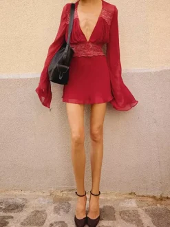 Lace Patchwork Mini Dress For Women - Deep V Neck Flare Sleeve Empire Waist Short Sundress - Spring Beach Date Night 2026