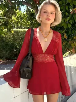Lace Patchwork Mini Dress For Women - Deep V Neck Flare Sleeve Empire Waist Short Sundress - Spring Beach Date Night 2026