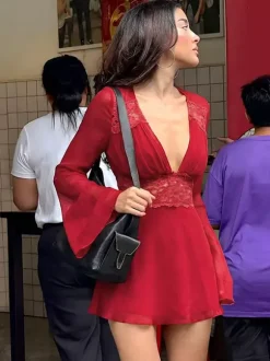 Lace Patchwork Mini Dress For Women - Deep V Neck Flare Sleeve Empire Waist Short Sundress - Spring Beach Date Night 2026