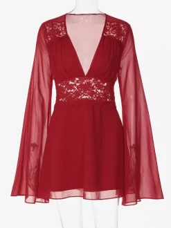 Lace Patchwork Mini Dress For Women - Deep V Neck Flare Sleeve Empire Waist Short Sundress - Spring Beach Date Night 2026