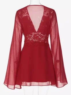 Lace Patchwork Mini Dress For Women - Deep V Neck Flare Sleeve Empire Waist Short Sundress - Spring Beach Date Night 2026
