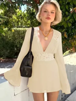 Lace Patchwork Mini Dress For Women - Deep V Neck Flare Sleeve Empire Waist Short Sundress - Spring Beach Date Night 2026