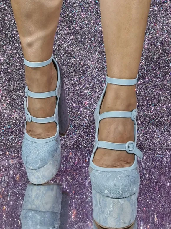 Lace Platform Pumps Women Round Toe Buckle Detail Strappy High Heels