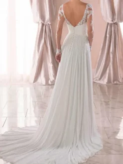 Lace Plus Size Wedding Dresses 2026 Chiffon V Neck A Line Long Sleeve Lace Applique Beach Wedding Bridal Dress With Train Free Customization