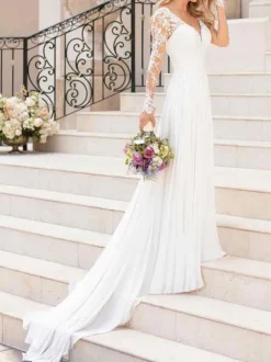 Lace Plus Size Wedding Dresses 2026 Chiffon V Neck A Line Long Sleeve Lace Applique Beach Wedding Bridal Dress With Train Free Customization