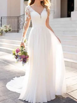Lace Plus Size Wedding Dresses 2026 Chiffon V Neck A Line Long Sleeve Lace Applique Beach Wedding Bridal Dress With Train Free Customization