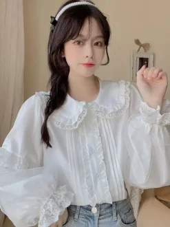Lace Ruffles Lolita Blouses Lolita Top Long Sleeves Blouse White Lolita Shirt