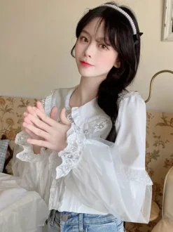 Lace Ruffles Lolita Blouses Lolita Top Long Sleeves Blouse White Lolita Shirt