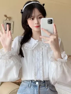 Lace Ruffles Lolita Blouses Lolita Top Long Sleeves Blouse White Lolita Shirt