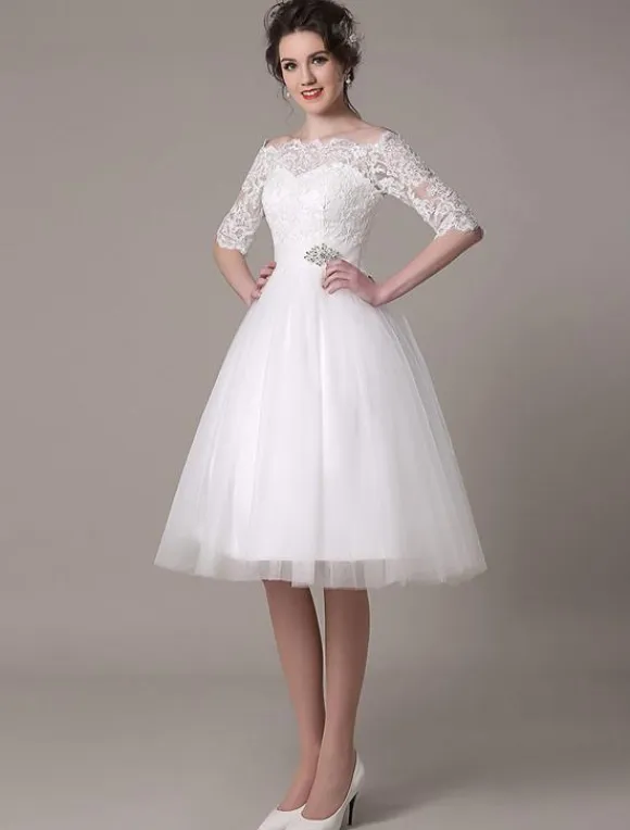 Lace Short Wedding Dresses 2026 Off-The-Shoulder A-Line Knee Length Rhinestone Bridal Dress Free Customization