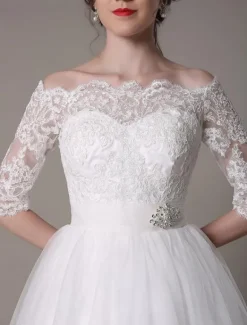 Lace Short Wedding Dresses 2026 Off-The-Shoulder A-Line Knee Length Rhinestone Bridal Dress Free Customization