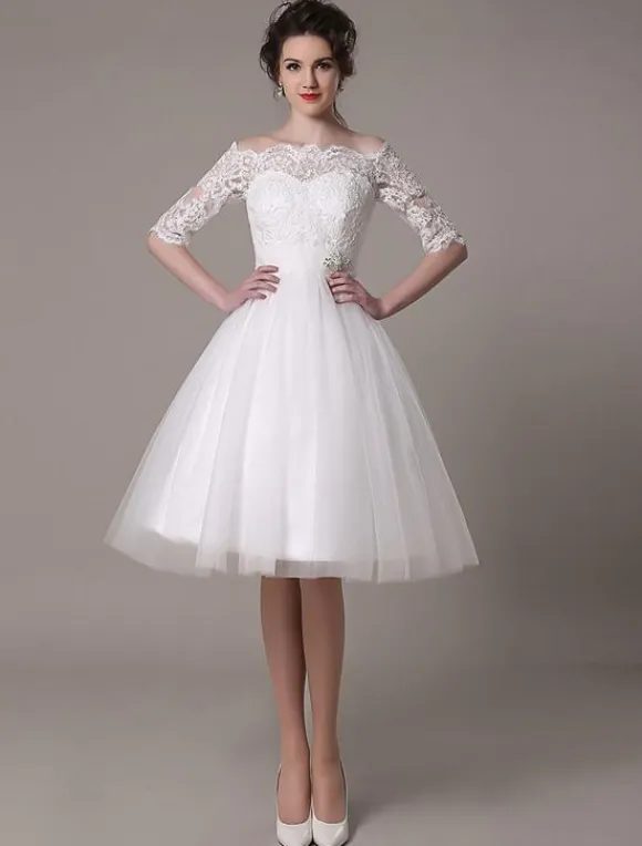 Lace Short Wedding Dresses 2026 Off-The-Shoulder A-Line Knee Length Rhinestone Bridal Dress Free Customization