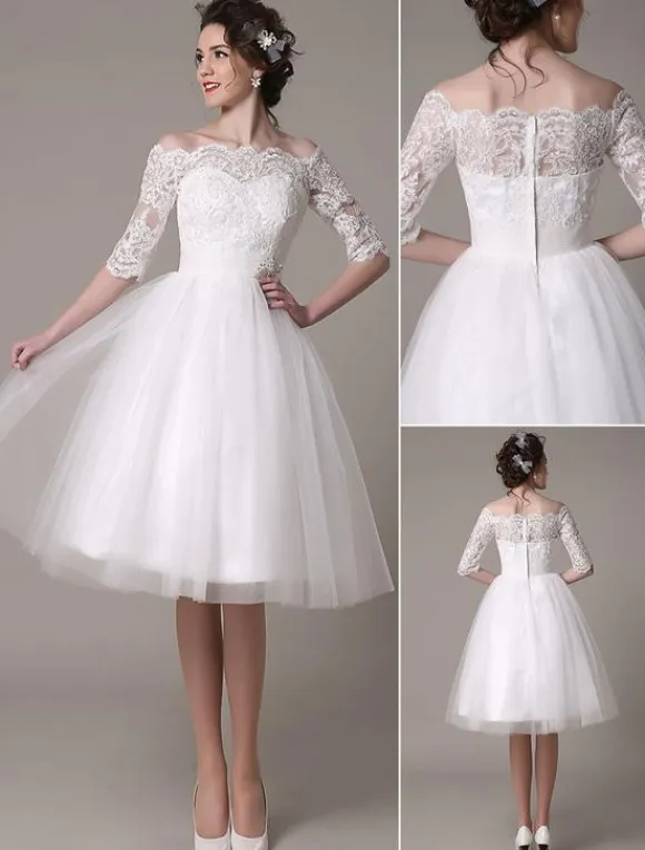 Lace Short Wedding Dresses 2026 Off-The-Shoulder A-Line Knee Length Rhinestone Bridal Dress Free Customization
