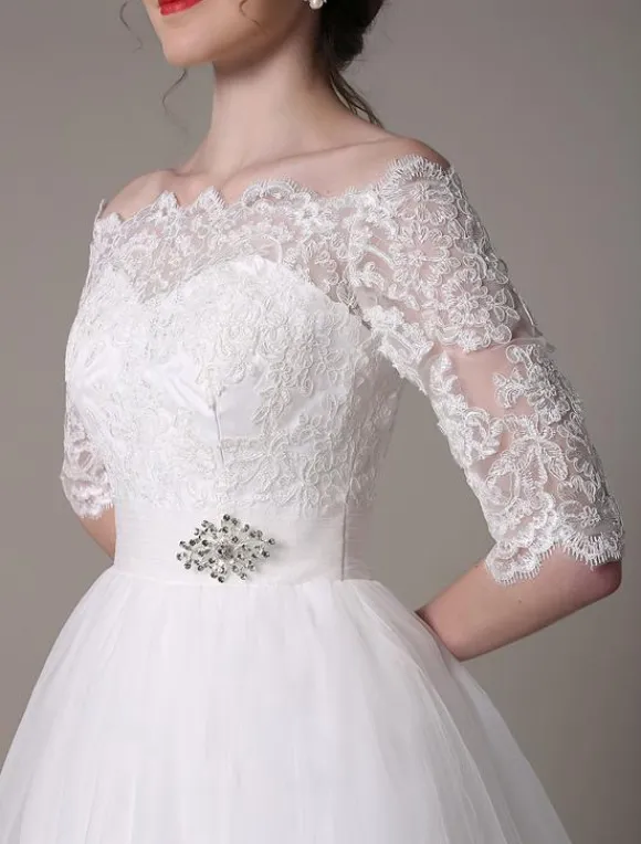 Lace Short Wedding Dresses 2026 Off-The-Shoulder A-Line Knee Length Rhinestone Bridal Dress Free Customization