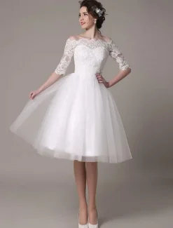 Lace Short Wedding Dresses 2026 Off-The-Shoulder A-Line Knee Length Rhinestone Bridal Dress Free Customization