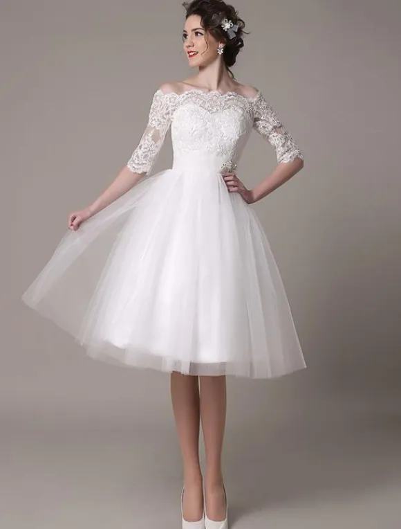 Lace Short Wedding Dresses 2026 Off-The-Shoulder A-Line Knee Length Rhinestone Bridal Dress Free Customization