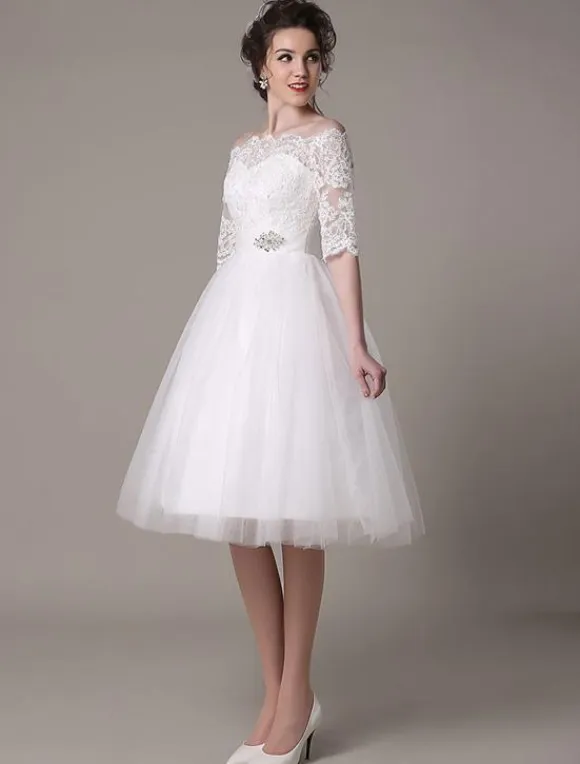 Lace Short Wedding Dresses 2026 Off-The-Shoulder A-Line Knee Length Rhinestone Bridal Dress Free Customization