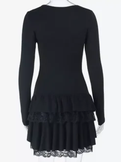 Lace Square Neck Mini Dress For Women - Black Gothic Ruffle Layered Long Sleeve Bodycon - Spring Night Out Clubwear 2026