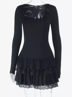 Lace Square Neck Mini Dress For Women - Black Gothic Ruffle Layered Long Sleeve Bodycon - Spring Night Out Clubwear 2026