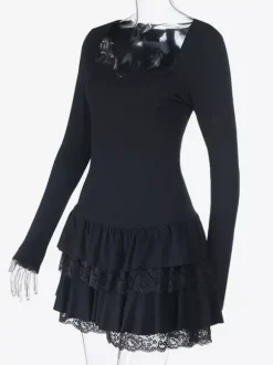 Lace Square Neck Mini Dress For Women - Black Gothic Ruffle Layered Long Sleeve Bodycon - Spring Night Out Clubwear 2026