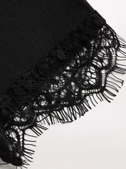 Lace Trim Keyhole Mini Dress For Women - Black Elegant High Neck Short Sleeve A-Line Dress - Spring Birthday Party 2026