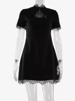 Lace Trim Keyhole Mini Dress For Women - Black Elegant High Neck Short Sleeve A-Line Dress - Spring Birthday Party 2026