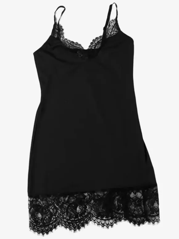 Lace Trim Slip Dress For Women - Black Ribbed Sleeveless Cami Mini Sundress - Summer Party Night Out 2026