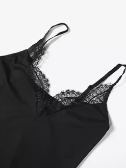 Lace Trim Slip Dress For Women - Black Ribbed Sleeveless Cami Mini Sundress - Summer Party Night Out 2026