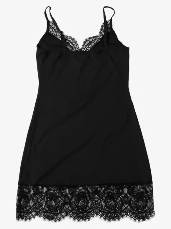 Lace Trim Slip Dress For Women - Black Ribbed Sleeveless Cami Mini Sundress - Summer Party Night Out 2026