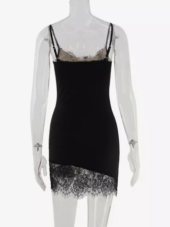 Lace Trim Slip Dress For Women - Black Y2K Aesthetic Sleeveless Bodycon Mini Dress - Summer Night Out Partywear 2026