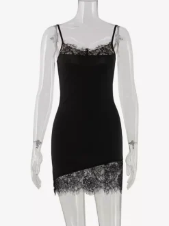 Lace Trim Slip Dress For Women - Black Y2K Aesthetic Sleeveless Bodycon Mini Dress - Summer Night Out Partywear 2026