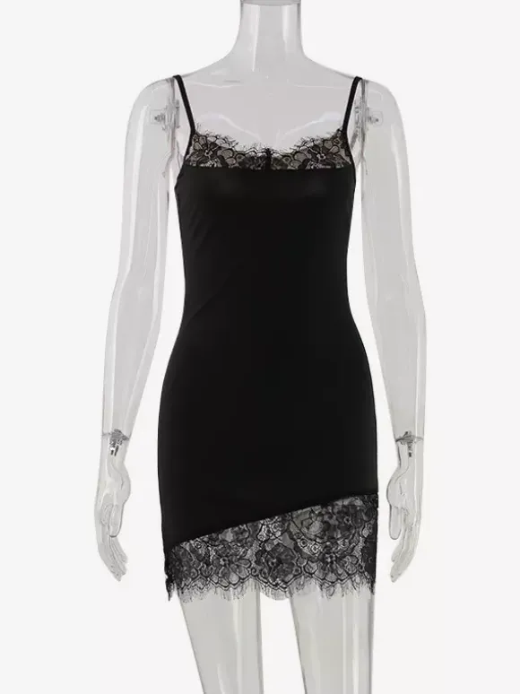 Lace Trim Slip Dress For Women - Black Y2K Aesthetic Sleeveless Bodycon Mini Dress - Summer Night Out Partywear 2026