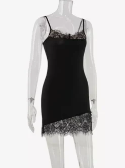 Lace Trim Slip Dress For Women - Black Y2K Aesthetic Sleeveless Bodycon Mini Dress - Summer Night Out Partywear 2026