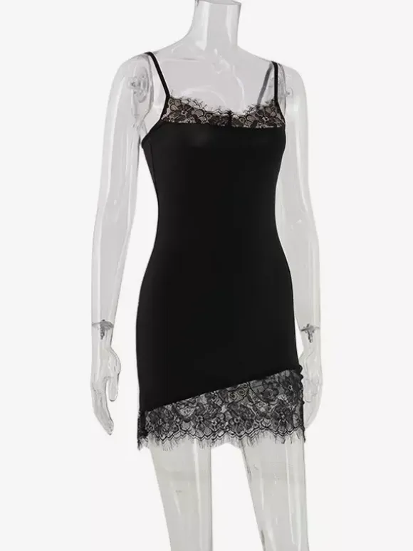 Lace Trim Slip Dress For Women - Black Y2K Aesthetic Sleeveless Bodycon Mini Dress - Summer Night Out Partywear 2026