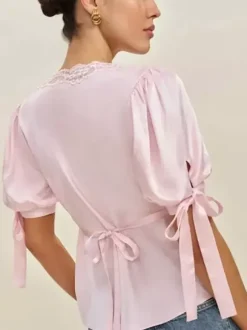 Lace Trim V Neck Puff Short Sleeve Satin Blouse Back Tie Waist Slim Fit Elegant Women Shirt