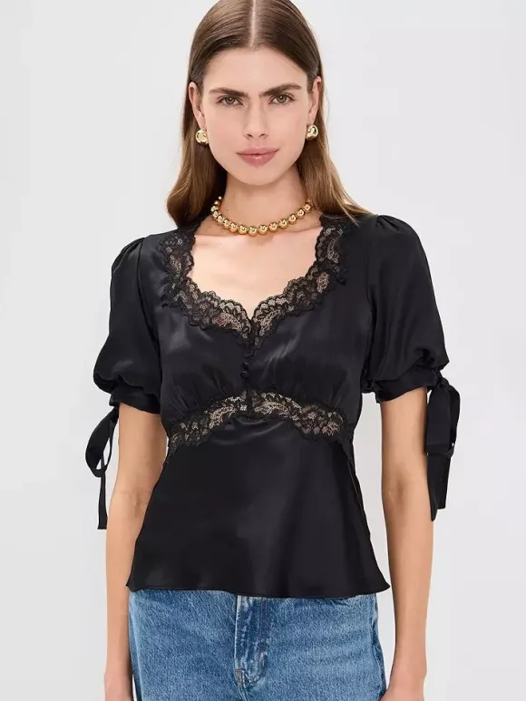 Lace Trim V Neck Puff Short Sleeve Satin Blouse Back Tie Waist Slim Fit Elegant Women Shirt