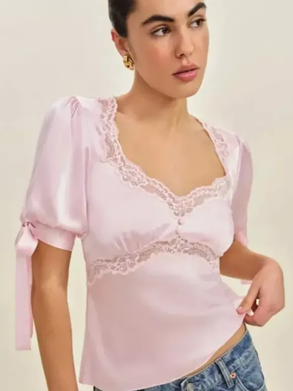 Lace Trim V Neck Puff Short Sleeve Satin Blouse Back Tie Waist Slim Fit Elegant Women Shirt