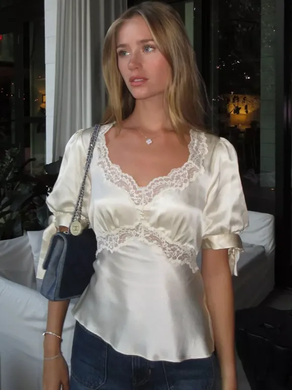 Lace Trim V Neck Puff Short Sleeve Satin Blouse Back Tie Waist Slim Fit Elegant Women Shirt