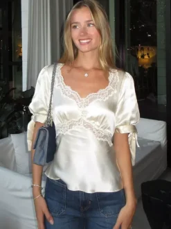 Lace Trim V Neck Puff Short Sleeve Satin Blouse Back Tie Waist Slim Fit Elegant Women Shirt