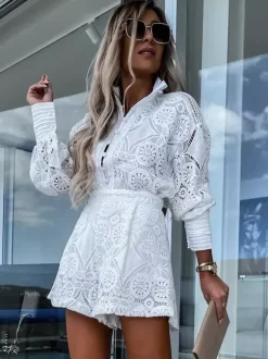Lace Two Piece Co-ord Set Long Sleeve Shirt And Shorts 2026