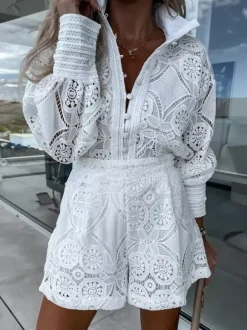 Lace Two Piece Co-ord Set Long Sleeve Shirt And Shorts 2026