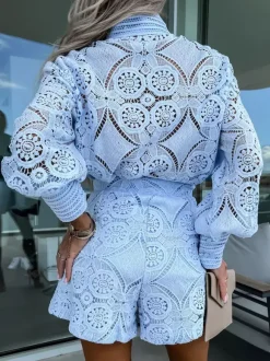 Lace Two Piece Co-ord Set Long Sleeve Shirt And Shorts 2026