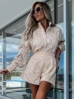 Lace Two Piece Co-ord Set Long Sleeve Shirt And Shorts 2026