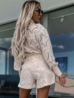 Lace Two Piece Co-ord Set Long Sleeve Shirt And Shorts 2026