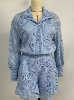 Lace Two Piece Co-ord Set Long Sleeve Shirt And Shorts 2026