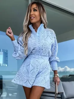 Lace Two Piece Co-ord Set Long Sleeve Shirt And Shorts 2026