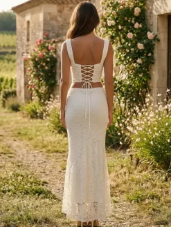 Lace Two Piece Set Square Neck Crop Top And Mermaid Maxi Skirt For Women 2026