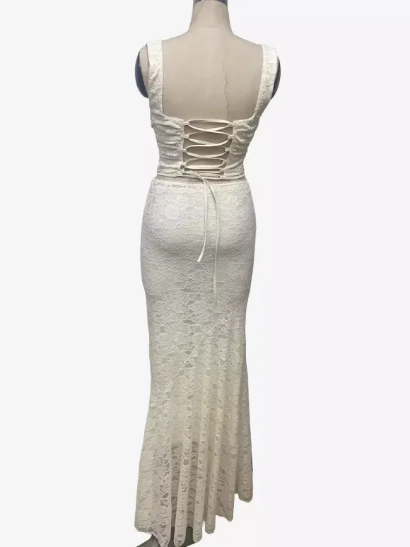 Lace Two Piece Set Square Neck Crop Top And Mermaid Maxi Skirt For Women 2026