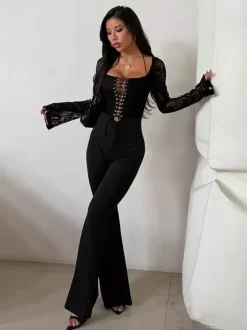 Lace Up Flare Jumpsuit For Women - Black Gothic Floral Lace Long Sleeve Bodycon Romper - Spring Party Clubwear 2026